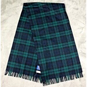 VINTAGE Pendleton Black Watch Tartan Plaid Wool Scarf 13x52 Green Blue Fringe US